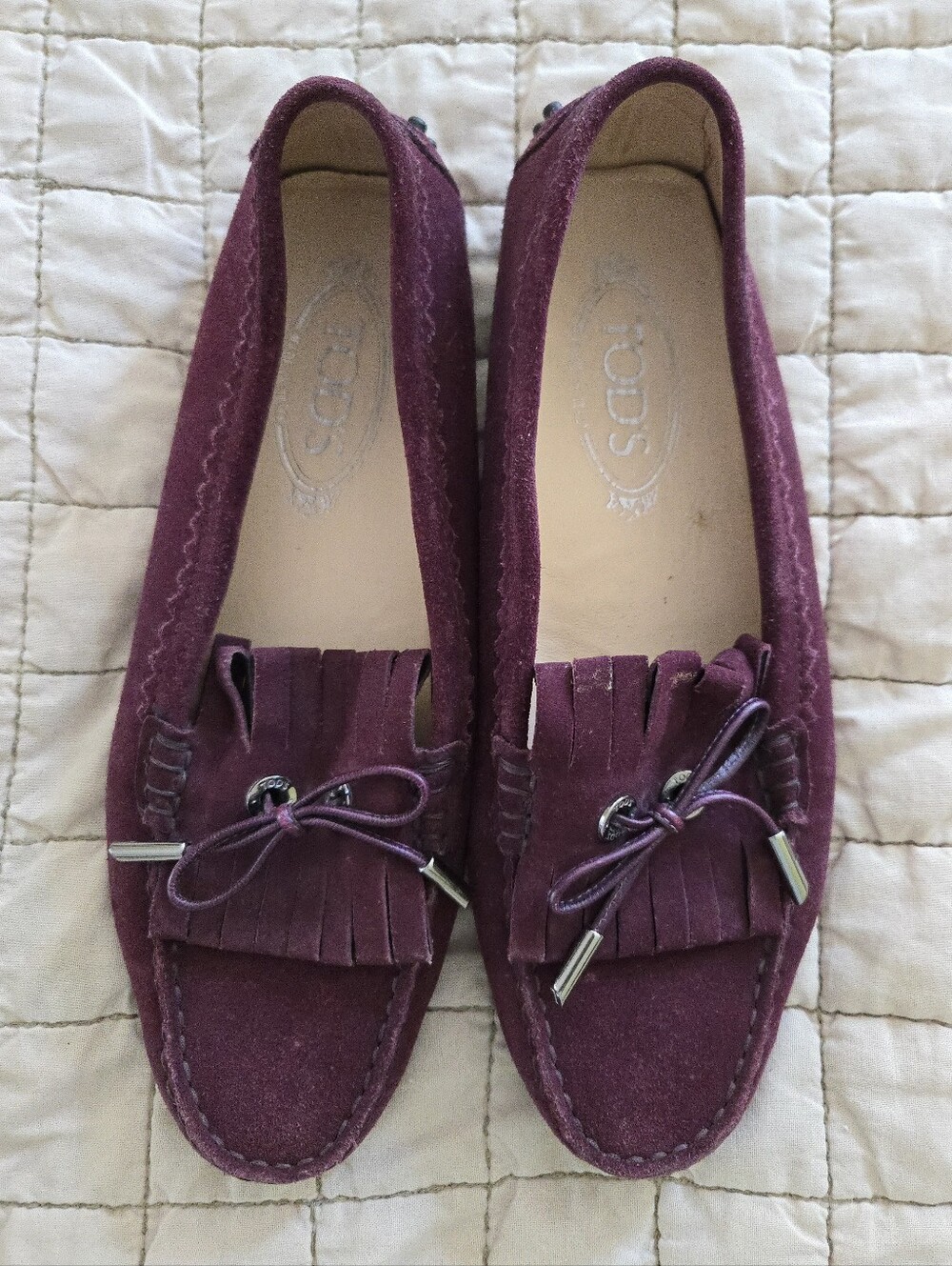Tods Tod's Gommino Burgundy Suede Bow Loafers Size 38.5 EUR 7.5 US